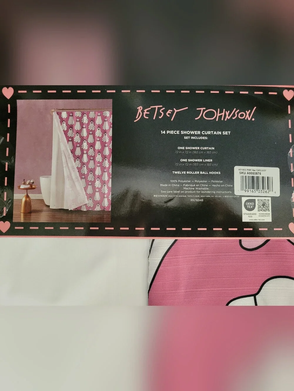 New Betsey Johnson Hey Boo Pink Ghost Shower Curtain Set White Bows